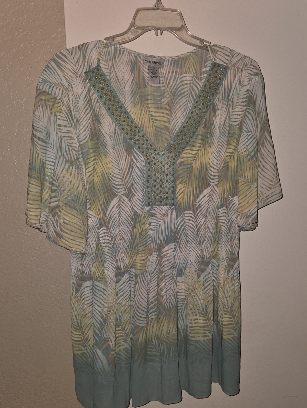 Catherines Tropical Palm Leaf Beaded V-Neck Tunic Blouse